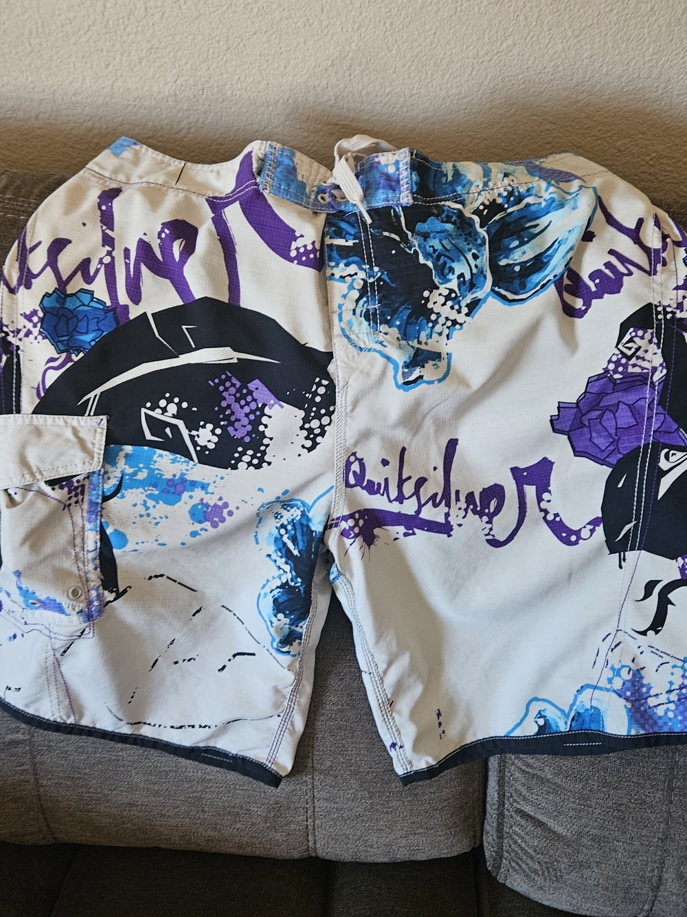 Quiksilver White Boardshorts with Blue & Purple Graphic Print